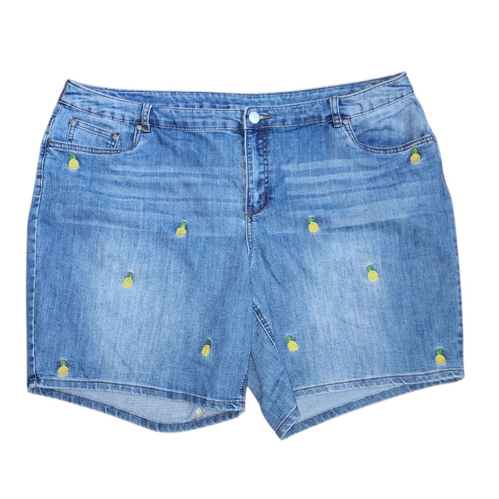 CJ Banks Jean Shorts Womens Plus Size 24W Blue Denim Pineapple Embroidered Beach